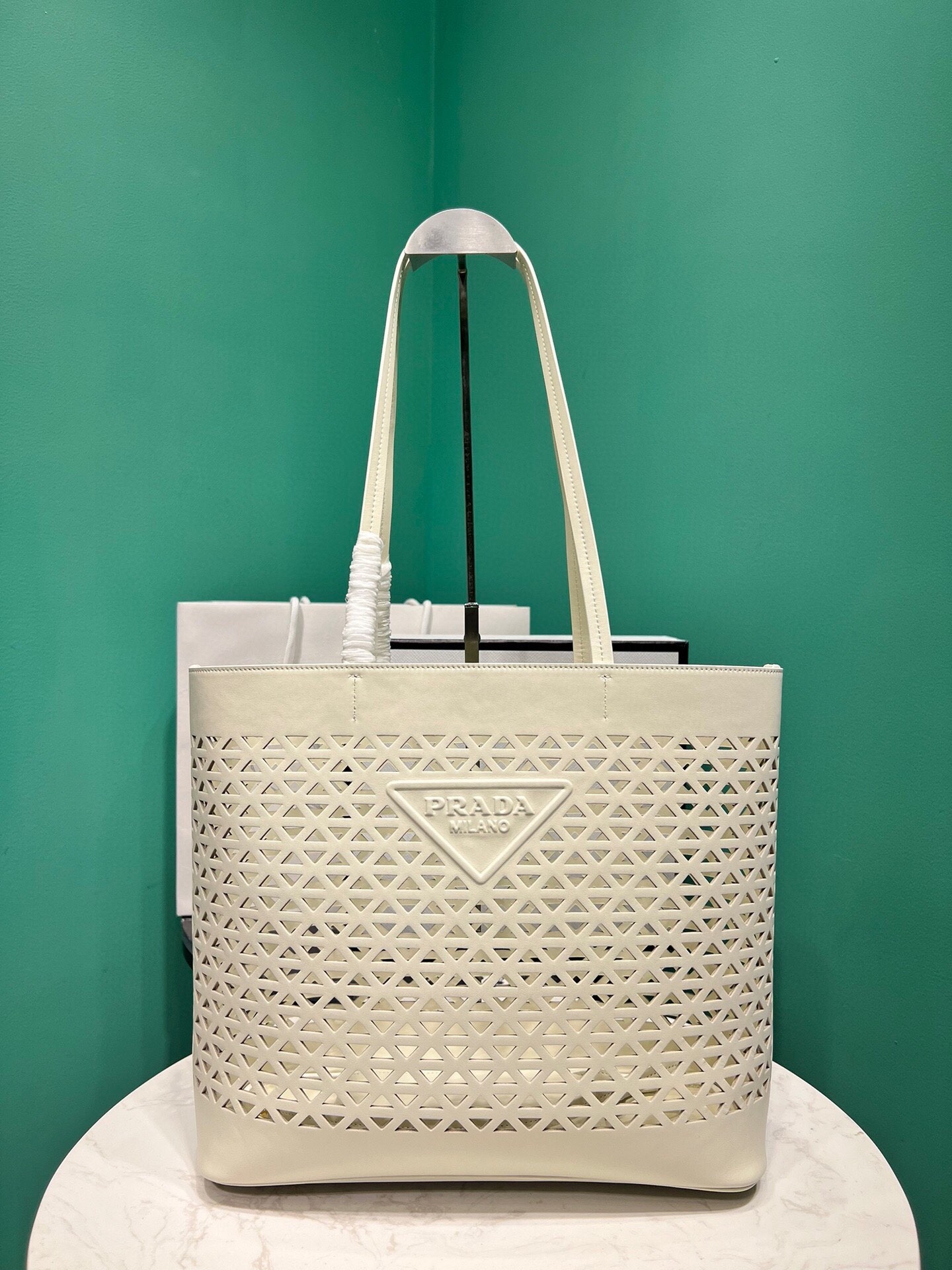 Prada Large Perforated Leather Tote Bag Handbag White 1BG503